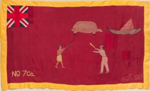 Asafo flag, early 20th century (Fante people), silk, hand-stitched and embroidered, 109.2 x 180.3 cm (Detroit Institute of Arts)
