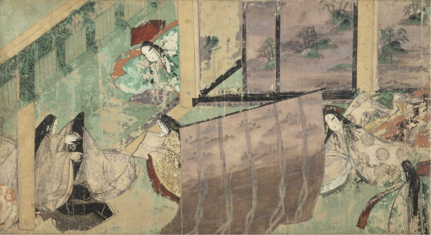 Azuyama scene (detail), Genji Monogatari Emaki (源氏物語絵巻), c. 1130, ink and color on paper, 22 x 23 cm (Tokugawa Art Museum, Nagoya)