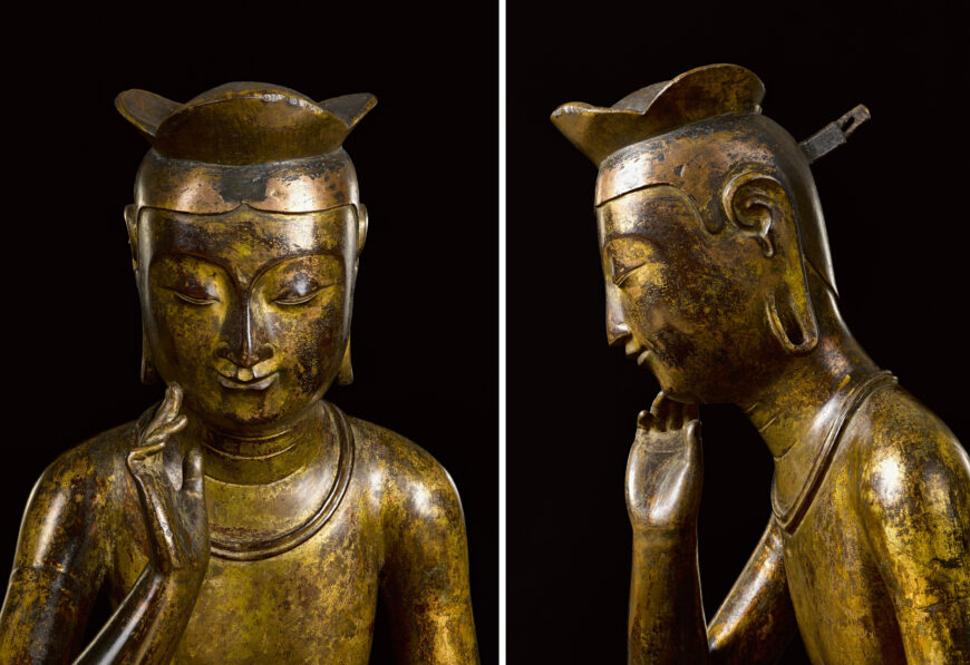 Three-mountain crown (details), Pensive bodhisattva, early 7th century (Three Kingdoms Period), gilt-bronze, 93.5 cm high, National Treasure 83 (National Museum of Korea, Seoul)