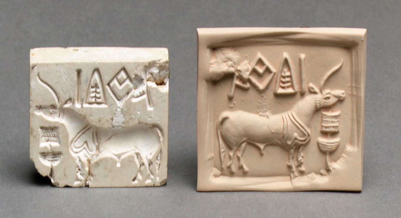 Stamp seal and modern impression: unicorn and incense burner (?), c. 2600–1900 B.C.E. (Mature Harappan), burnt steatite, 3.8 x 3.8 x 1 cm (The Metropolitan Museum of Art, New York)