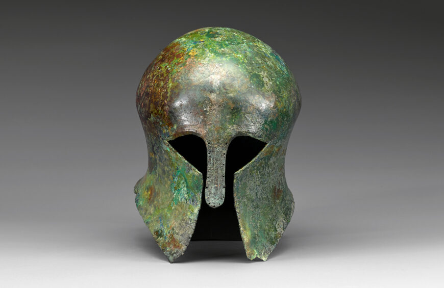 Bronze helmet, 6th century B.C.E. (Corinth, Greece), 23 cm high, Treasure 904 (National Museum of Korea, Seoul)