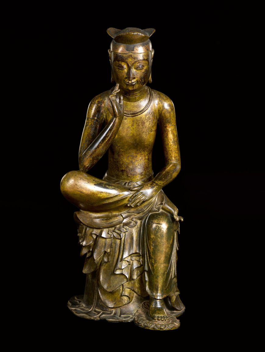 Pensive bodhisattva, early 7th century (Three Kingdoms Period), gilt-bronze, 93.5 cm high, National Treasure 83 (National Museum of Korea, Seoul)