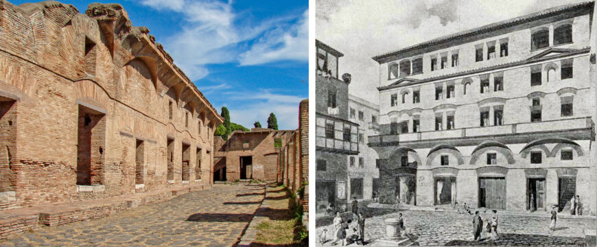 Insulae in Ostia. Left: House of Diana, Ostia Antica (photo: Jean-Pierre Dalbéra, CC BY 2.0); right: speculative reconstruction, House of Diana by Italo Gismondi