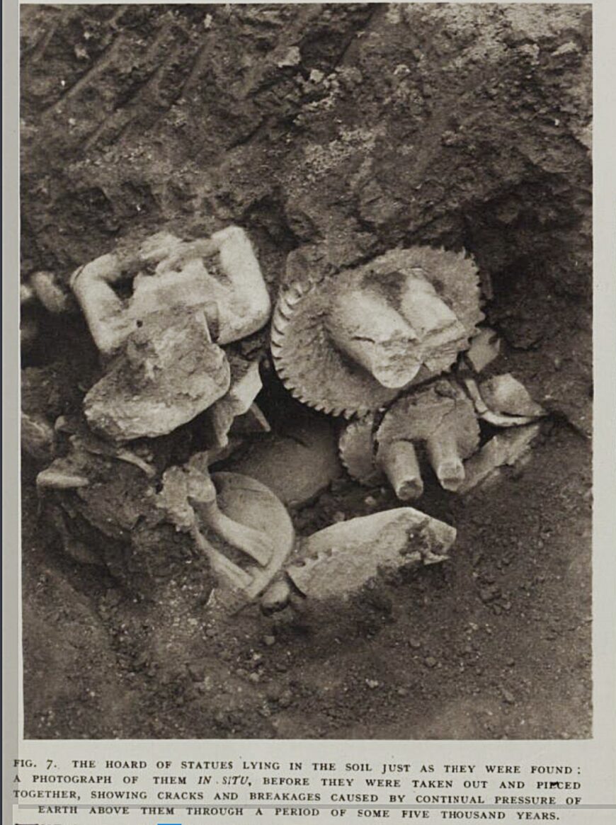 Caption: The Hoard of Statues Lying in the Soil Just as They Were Found, "An Extraordinary Discovery of Early Sumerian Sculpture," Illustrated London News (May 19, 1934), p. 774.