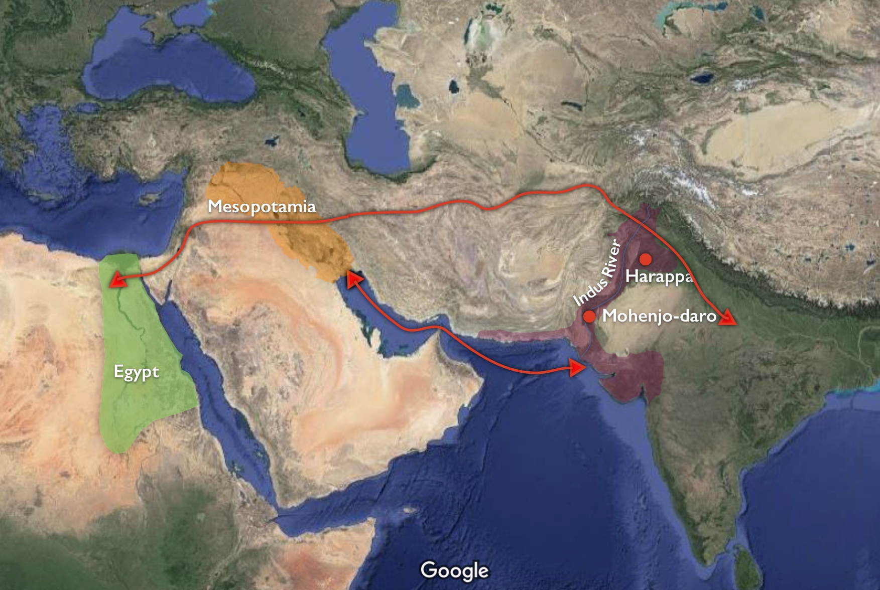 Trade routes between Egypt, Mesopotamia, and the Indus River Valley (underlying map © Google)