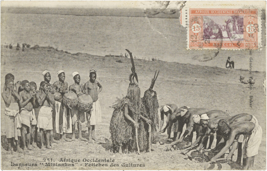 François-Edmond Fortier, Afrique Occidentale - Danseurs "Miniankas" - Fétiches des Cultures, 1905–06 (Senegal), photomechanical print, 13.3 x 8.3 cm, postcard number 251, postmarked 1920 (Library of Congress, Washington, D.C.)