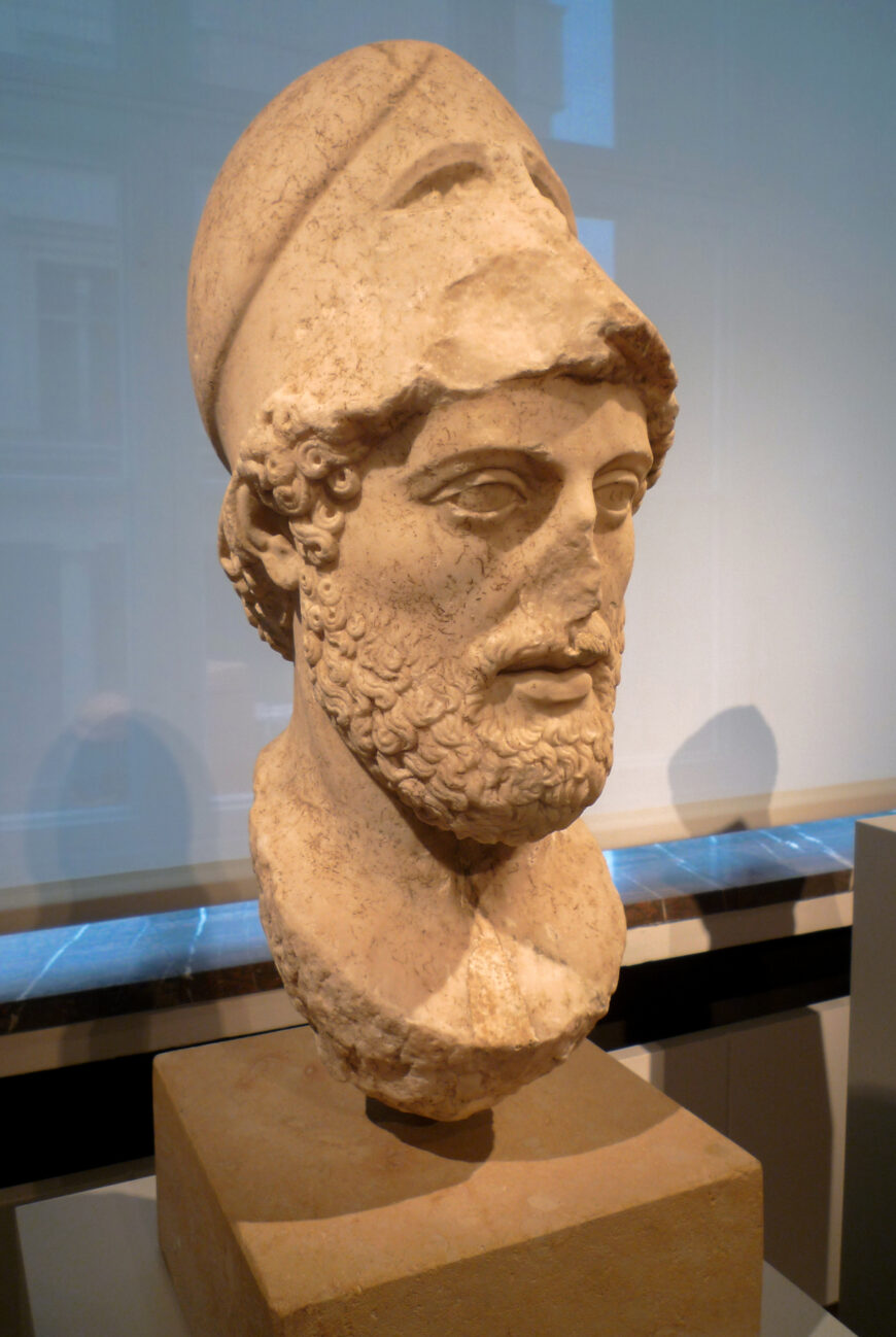Portrait Bust of Pericles with the Corinthian Helmet, Roman copy after bronze original (c. 430 B.C.E.), marble (Altes Museum, Berlin; photo: Steven Zucker, CC BY-NC-SA 2.0)
