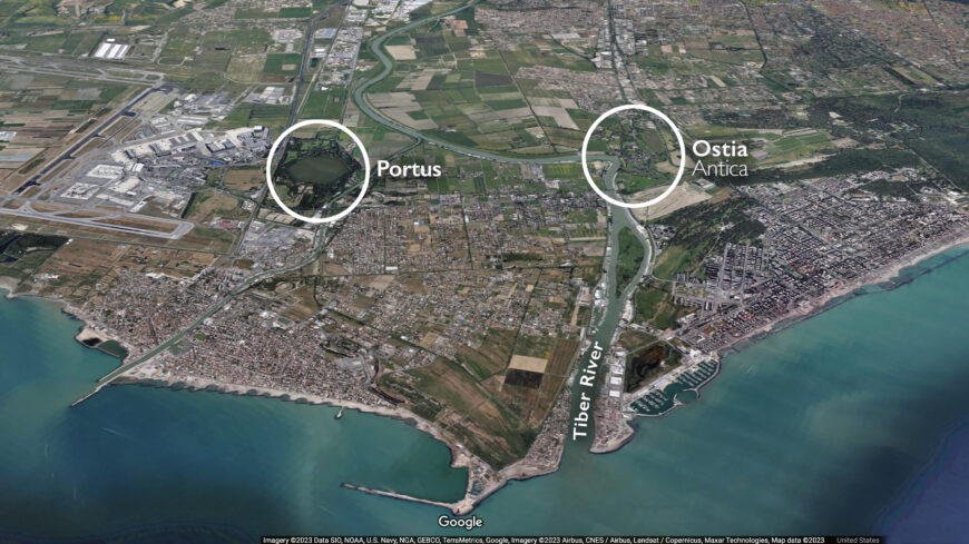 Aerial view of Ostia Antica and and the hexagonal Portus (underlying map © Google)