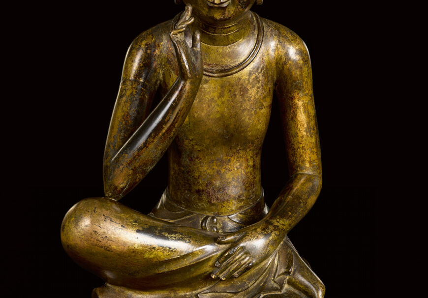 Contemplative pose (detail), Pensive bodhisattva, early 7th century (Three Kingdoms Period), gilt-bronze, 93.5 cm high, National Treasure 83 (National Museum of Korea, Seoul)