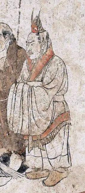 Illustration of Silla envoy wearing a conical cap with wing-shaped ornament (detail), a mural in the Tomb of Li Xian, 706 C.E., Qianling, Shaanxi province, China