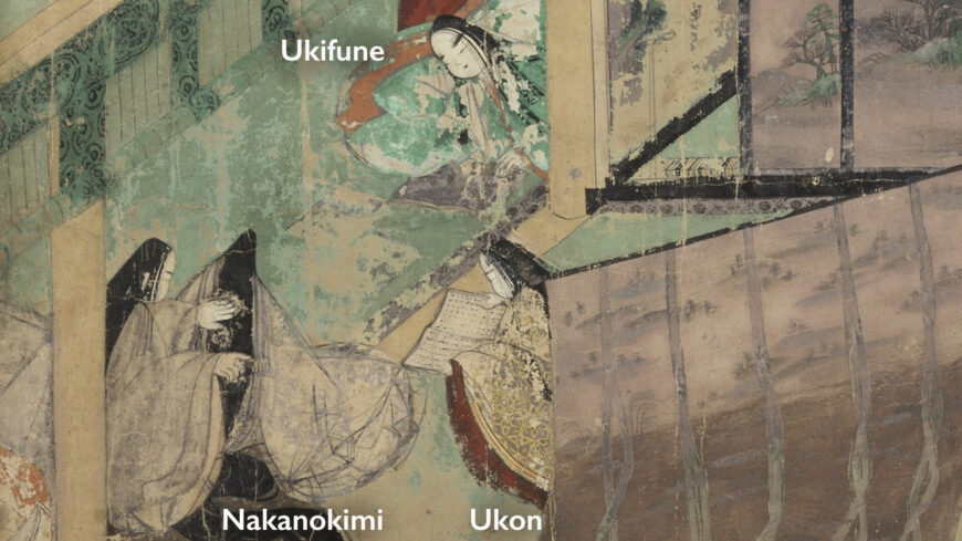 Nakanokimi, Ukon, and Ukifune (detail), Genji Monogatari Emaki (scroll), c. 1130, ink and color on paper, 22 x 23 cm (Tokugawa Art Museum, Nagoya)