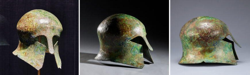 Views of Bronze helmet, 6th century B.C.E. (Corinth, Greece), 23 cm high, Treasure 904 (National Museum of Korea, Seoul)