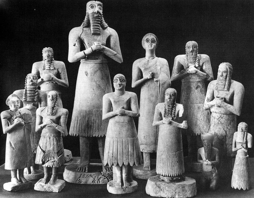 Twelve votive figures, from the Square Temple at Eshnunna (modern Tell Asmar, Iraq), c. 2900–2350 B.C.E. (Early Dynastic period)