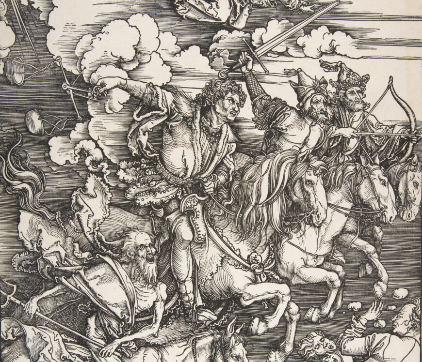 (From front to rear) death, famine, war, and conquest (detail), Albrecht Dürer, The Four Horsemen of the Apocalypse, 1498, woodcut, 38.8 x 29.1 cm (The Metropolitan Museum of Art, New York)