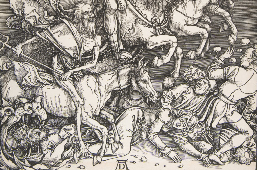 Death (detail), Albrecht Dürer, The Four Horsemen of the Apocalypse, 1498, woodcut, 38.8 x 29.1 cm (The Metropolitan Museum of Art, New York)