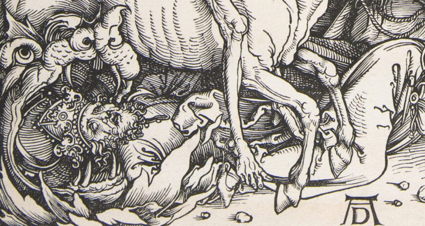 Fanged reptilian creature and a Bishop (detail), Albrecht Dürer, The Four Horsemen of the Apocalypse, 1498, woodcut, 38.8 x 29.1 cm (The Metropolitan Museum of Art, New York)