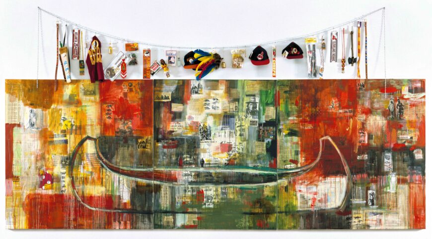 Jaune Quick-to-See Smith, Trade (Gifts for Trading Land with White People), 1992, oil paint and mixed media, collage, objects, canvas, 152.4 x 431.8 cm (Chrysler Museum of Art, Norfolk) © Jaune Quick-to-See Smith