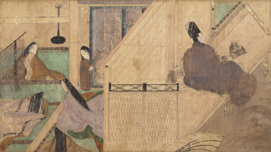 An example of fukinuki yatai, here the roof of interior at the left is removed to allow for a view within (detail), Genji Monogatari Emaki (scroll), c. 1130, ink and color on paper, 22 x 23 cm (Tokugawa Art Museum, Nagoya)