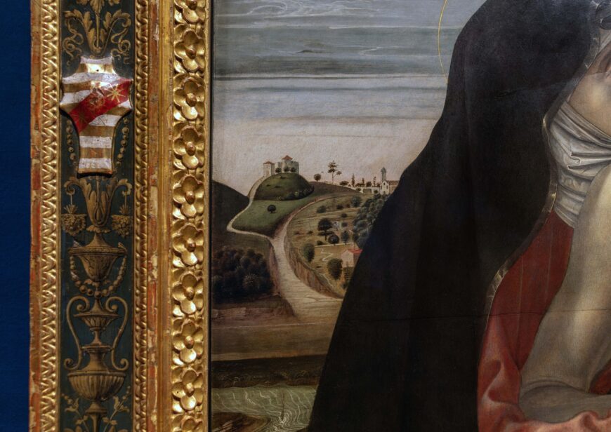 landscape (detail), Giovanni Bellini, Pietà (also called the Brera Pietà), c. 1460, tempera on panel, 86 x 107 cm (Brera Pinacoteca, Milan; photo: Steven Zucker, CC BY-NC-SA 2.0)