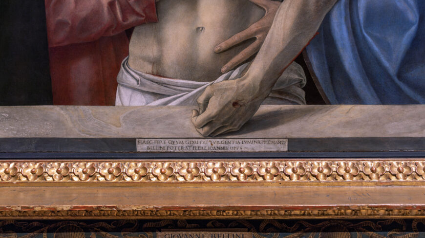 left hand (detail), Giovanni Bellini, Pietà (also called the Brera Pietà), c. 1460, tempera on panel, 86 x 107 cm (Brera Pinacoteca, Milan; photo: Steven Zucker, CC BY-NC-SA 2.0)