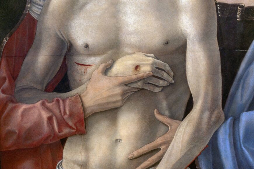 hands (detail), Giovanni Bellini, Pietà (also called the Brera Pietà), c. 1460, tempera on panel, 86 x 107 cm (Brera Pinacoteca, Milan; photo: Steven Zucker, CC BY-NC-SA 2.0)
