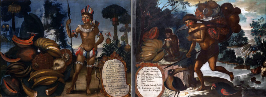Left: Vicente Albán, Feathered Yumbo, 1783, oil on canvas, 80 x 109 cm (Museo de América, Madrid); right: Vicente Albán, Cargo Yumbo, 1783, oil on canvas, 80 x 109 cm (Museo de América, Madrid)