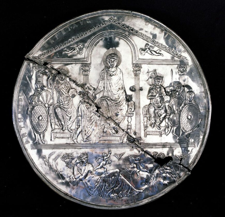 Missorium of Theodosius, 388 C.E., silver with traces of gilding, 74 cm diameter (Real Academia de la Historia, Madrid)