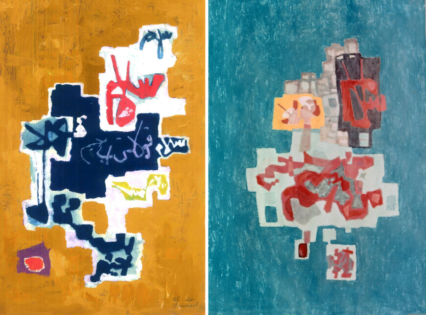 Sketches based upon the same phrase as Arabic Writing no. 11, 1965. Left: acrylic on paper, 30 x 20 cm; right: watercolor on paper, 45 x 30 cm. Courtesy of the Family Estate of Mahmoud Hammad