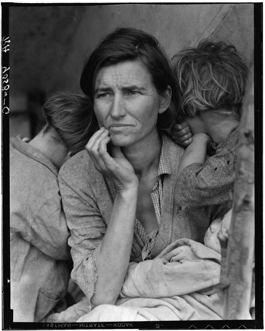 Florence Owens’s grandson, Roger Sprague, identified the subjects, from left to right, as: “Katherine Owens age 4, Florence Owens (later known as Thompson) age 32, Ruby Owens age 5. Baby on mother's lap is Norma age 1 year.” [1] Dorothea Lange, Migrant Mother / Destitute Pea Pickers in California, Mother of Seven Children. Age Thirty-Two. Nipomo, California, 1936, digital reproduction from retouched negative (Library of Congress, Washington, D.C.)