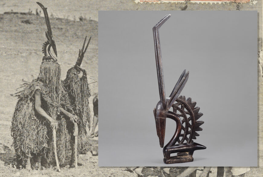 Left: dancers (detail), François-Edmond Fortier, Afrique Occidentale - Danseurs "Miniankas" - Fétiches des Cultures, 1905–06 (Senegal), photomechanical print, 13.3 x 8.3 cm, postcard number 251, postmarked 1920 (Library of Congress, Washington, D.C.); inset right: Dance Headdress/Ci-wara Kun, late 19th–early 20th century (Bamana), wood, metal, 92.4 x 36.2 x 7.3 cm (Brooklyn Museum, New York)