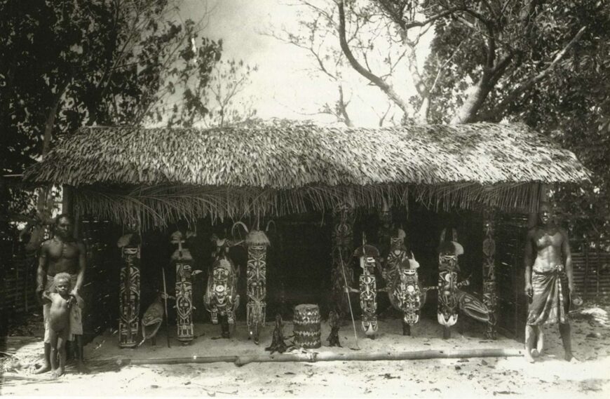 Felix Speiser, Group of malagan carvings displayed during a mortuary ceremony, Medina, Northern New Ireland, c. 1930 (Museum der Kulturen Basel)
