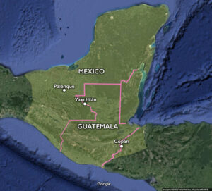 Map of Maya sites with approximate extent of the Maya civilization in yellow (underlying map © Google)