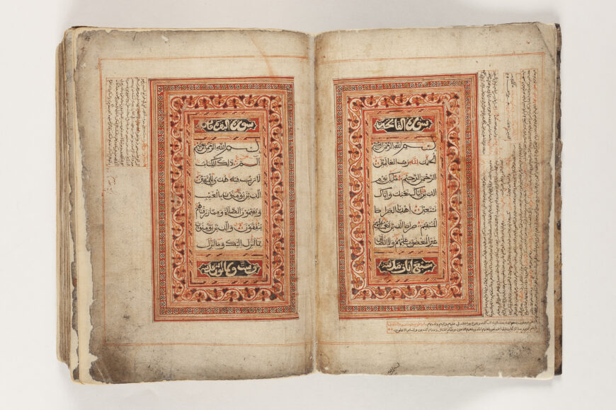 Unidentified artist, Qur’an, frontispiece, between the second half of the 18th century and first half of the 19th century (Swahili people, Siyu, Kenya), North Italian paper, ink, leather binding, 26.5 x 20.3 x 7.6 cm (Fowler Museum at UCLA, X90.184A, B. Gift of the The Jerome L. Joss Collection; image © Fowler Museum at UCLA, photo: Don Cole, 2019)