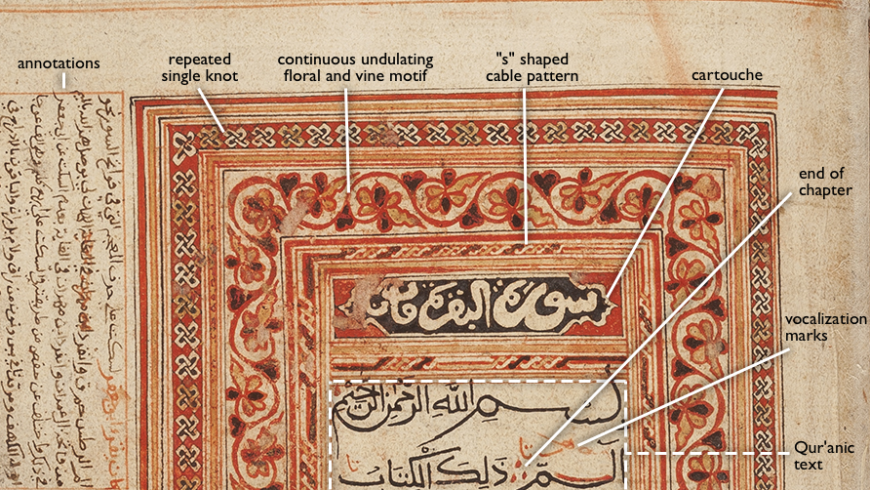 Annotated frontispiece (detail), unidentified artist, Qur’an, between the second half of the 18th century and first half of the 19th century (Swahili people, Siyu, Kenya), North Italian paper, ink, leather binding, 26.5 x 20.3 x 7.6 cm (Fowler Museum at UCLA, X90.184A, B. Gift of the The Jerome L. Joss Collection; image © Fowler Museum at UCLA, photo: Don Cole, 2019)