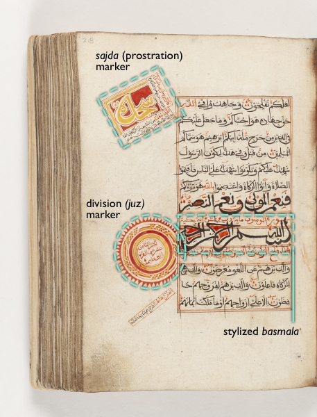 Unidentified artist, Qur’an, between the second half of the 18th century and first half of the 19th century (Swahili people, Siyu, Kenya), North Italian paper, ink, leather binding, 26.5 x 20.3 x 7.6 cm (Fowler Museum at UCLA, X90.184A, B., folio 218 recto, Gift of the The Jerome L. Joss Collection; image © Fowler Museum at UCLA, photo: Don Cole, 2019)