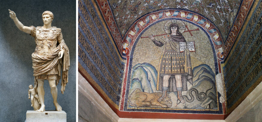 Left: Augustus of Primaporta, early 1st century C.E., marble with traces of polychromy, 203 cm high (Vatican Museums; photo: Steven Zucker, CC BY-NC-SA 2.0); right: Christ treading the Lion and Asp mosaic from the Archiepiscopal Palace, 5th century C.E. (Archiepiscopal Palace, Ravenna; photo: Incola, CC BY-SA 4.0)