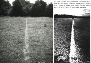 Left: Richard Long, A Line Made by Walking England, 1967 © Richard Long; right: Walter De Maria, One Mile Long Drawing, 1968, Mohave Desert © Estate of Walter De Maria