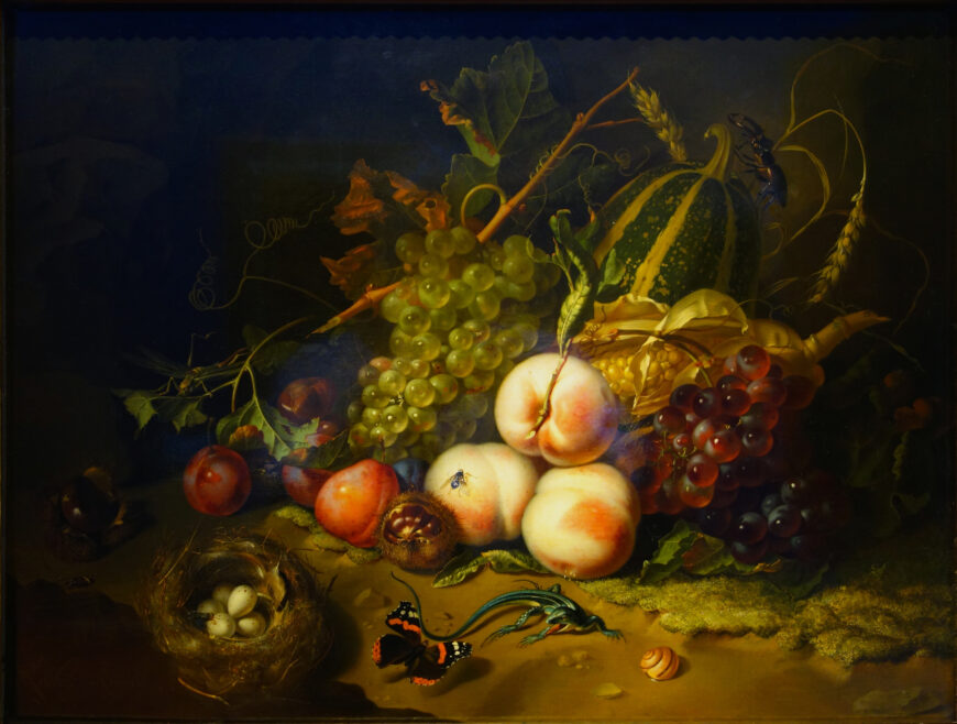 Rachel Ruysch, Fruit and Insects, 1711, oil on wood, 44 x 60 cm (Galleria degli Uffizi, Florence)