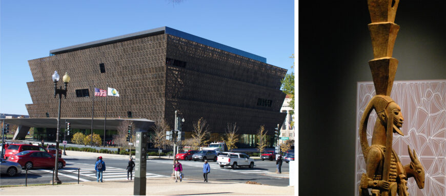 Left: David Adjaye Associates, National Museum of African American History and Culture (photo: Mondoo59, CC BY-SA 4.0); right: upper half (detail), Olowe of Ise, Equestrian veranda post (National Museum of African American History and Culture, Washington, D.C.; photo: B, CC BY-NC-SA 2.0)