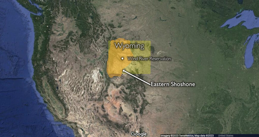 Map with Eastern Shoshone territory and Wind River Reservation, Wyoming (underlying map © Google)