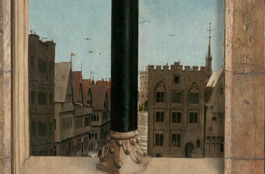 A street in Ghent (detail), Jan van Eyck, from the Annunciation scene in the Ghent Altarpiece (closed) after restoration, 1432 (Saint Bavo's Cathedral, Ghent)