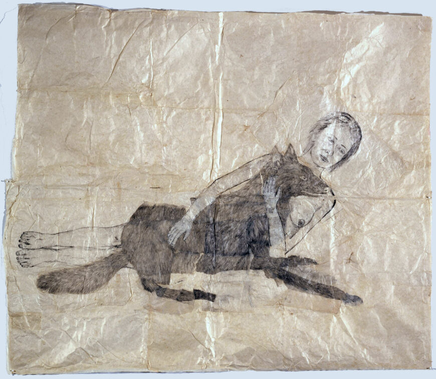 Kiki Smith, Lying with the Wolf, 2001, ink and pencil on paper, 223.5 x 185.4 cm (Centre Pompidou, Paris) © Kiki Smith