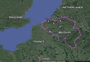 Map of major Flemish-speaking cities during the Northern Renaissance within the outline of modern Belgium (underlying map © Google)