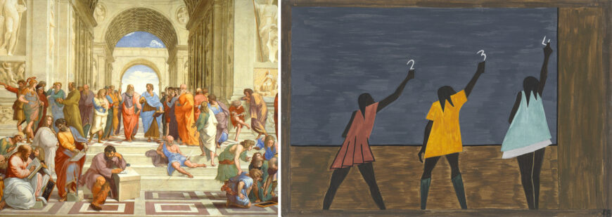 Left: philosophers (detail), Raphael, School of Athens, 1509–11, fresco (Stanza della Segnatura, Papal Palace, Vatican); right: Jacob Lawrence, In the North the Negro had better educational facilities, from the Migration series, 1940–41, casein tempera on hardboard, 30.5 x 45.7 cm (The Museum of Modern Art, New York)