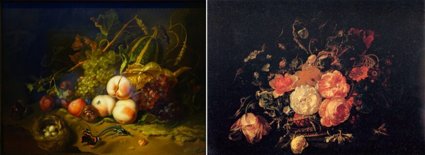 Left: Rachel Ruysch, Fruit and Insects, 1711, oil on wood, 44 x 60 cm (Galleria degli Uffizi, Florence); right: Rachel Ruysch, Basket of Flowers, 1711, oil on panel, 46 x 62 cm (Galleria degli Uffizi, Florence)