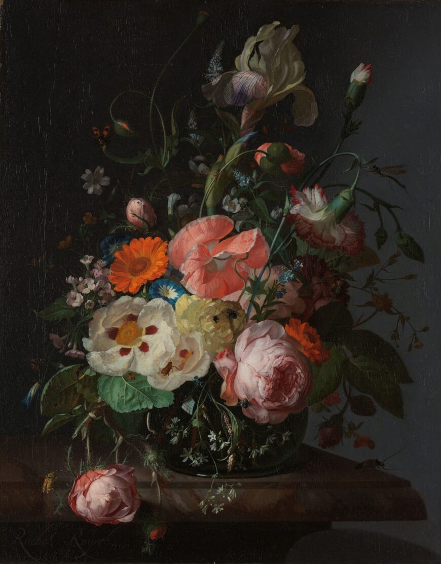 Rachel Ruysch, Still Life with Flowers on a Marble Tabletop, 1716, oil on canvas, 48.5 x 39.5 cm (Rijksmuseum, Amsterdam)