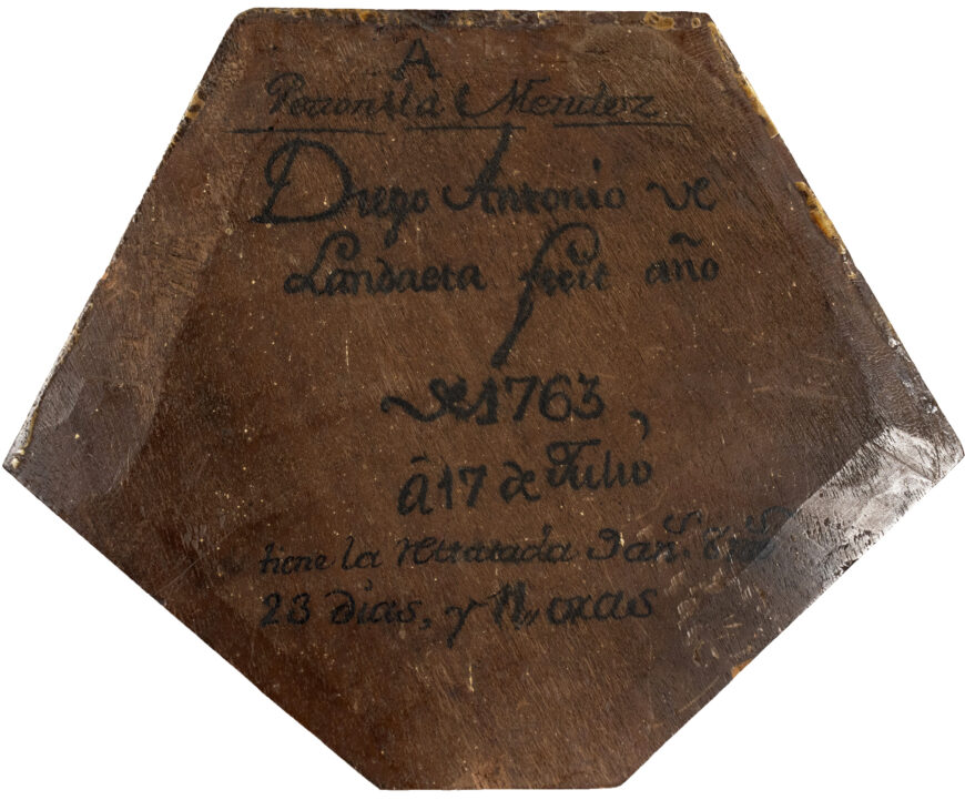 Inscription on reverse, Diego Antonio de Landaeta, Portrait of Petronila Méndez, 1763 (Caracas, Venezuela), oil on panel, 6.5 x 7 5/8 inches (Collection of the Carl & Marilynn Thoma Foundation)
