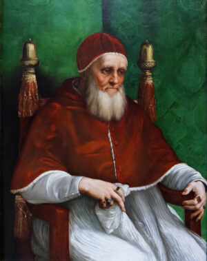 Raphael’s serene and pensive sitter is a far cry from the reality of the man depicted: the fiery Warrior Pope, Julius II. Even Raphael, the artistic darling of early 16th-century Rome, was far removed from his powerful patron’s exalted status. Raphael, Portrait of Pope Julius II, 1511, oil on poplar, 108.7 x 81 cm (National Gallery, London; photo: Steven Zucker, CC BY-NC-SA 4.0)
