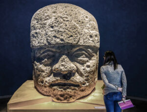 San Lorenzo Colossal Head 1, before 900 B.C.E. (Olmec), basalt, 2.69 x 1.83 x 1.05 m (Museo Nacional de Antropología, Mexico City)