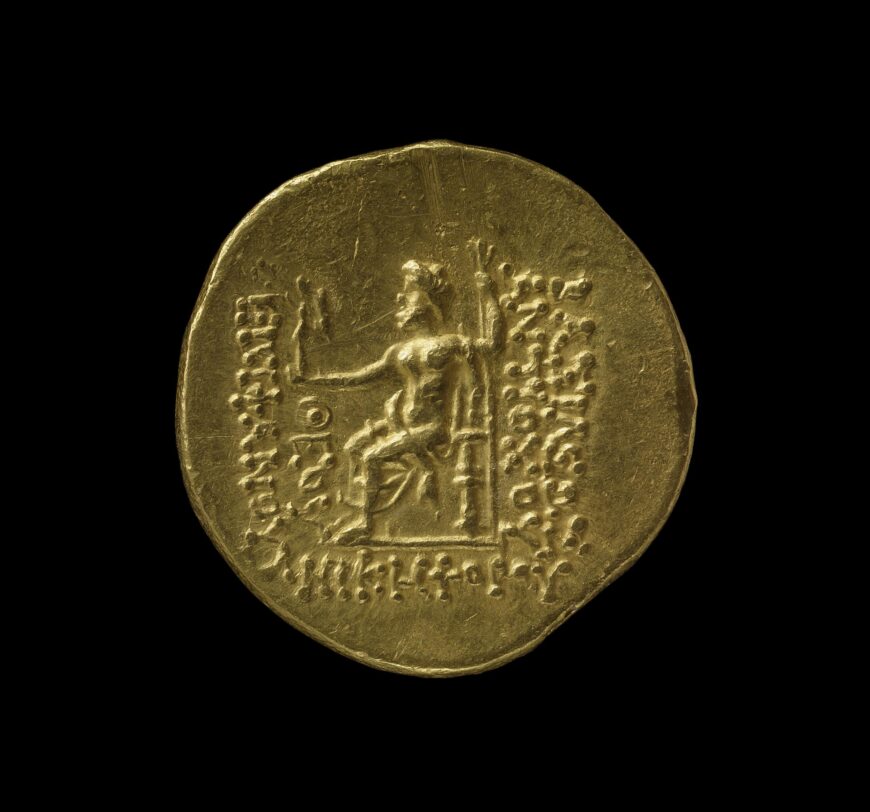 Reverse of a coin minted under Antiochus IV Epiphanes in Syria, c. 175–164 B.C.E., gold. The coin seems to show the Olympian Zeus, seated on a throne, holding a scepter in his left hand and a Nike on his right hand (© The Trustees of the British Museum, London)